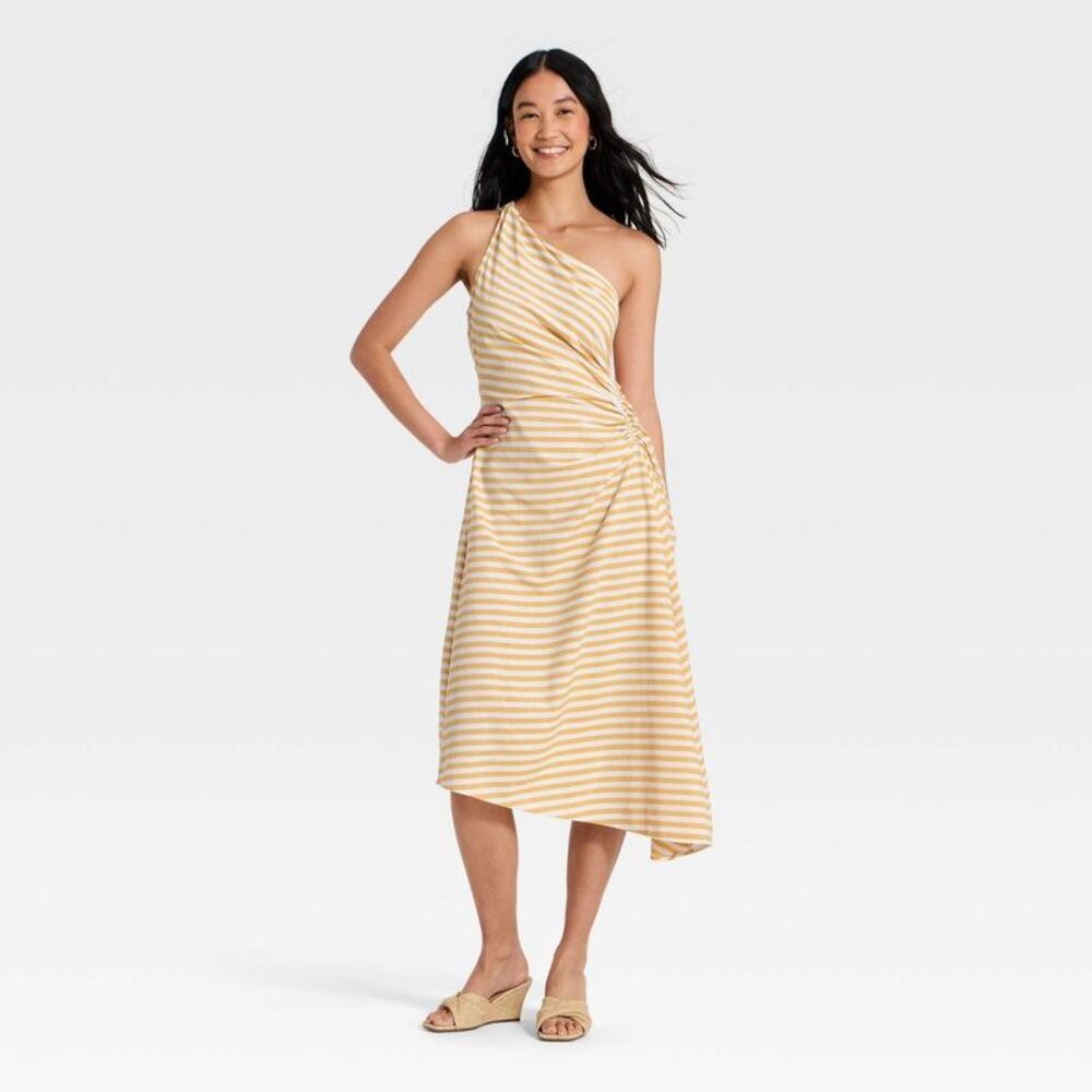 Women's Ruched Side Pleated Midi Dress - A New Day Yellow 10